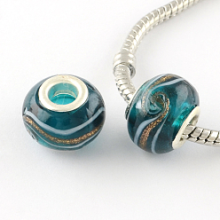 Teal Rondelle Handmade Gold Sand Lampwork European Large Hole Beads, with Silver Color Plated Brass Cores, Teal, 14x9~10mm, Hole: 5mm