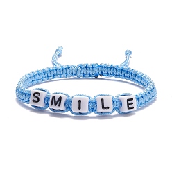 Light Blue Word Smile Braided Bead Bracelet, Adjustable Friendship Bracelet for Women, Light Blue, Inner Diameter: 2~3 1/8 inch(5~7.8cm)