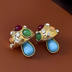Golden Crystal Rhinestone Mushroom Stud Earrings with Colorful Resin Beaded, Alloy Earrings with 925 Sterling Silver Pins for Women, Golden, 25x19mm