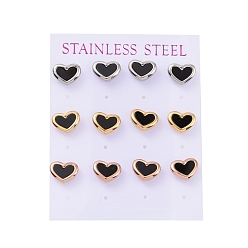 Mixed Color Vacuum Plating Heart 304 Stainless Steel Acrylic Stud Earrings, with Ear Nut, Mixed Color, 9x11mm, Pin: 0.8mm, 6 pairs/card