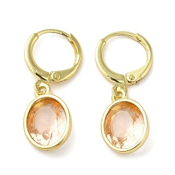 PeachPuff Real 18K Gold Plated Brass Dangle Leverback Earrings, with Oval Glass, PeachPuff, 27x10mm