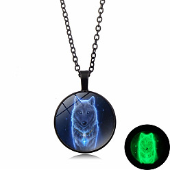 Black Luminous Glow in the Dark Glass Wolf Pendant Necklace with Alloy Chains, Black, 17.72 inch(45cm)