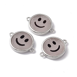 Rose Quartz Natural Rose Quartz Connector Charms, Flat Round with Smiling Face Links, with Rack Plating Platinum Tone Brass Findings, Cadmium Free & Lead Free, 15.5x20x3mm, Hole: 1.6mm