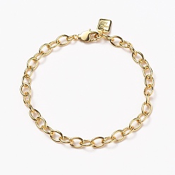 Real 18K Gold Plated Brass Cable Chain Bracelets, with Lobster Claw Clasps, Long-Lasting Plated, Word Good Luck, Real 18K Gold Plated, 8-1/4 inch(21cm)