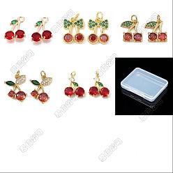 Real 18K Gold Plated 8Pcs 4 Styles Brass Micro Pave Cubic Zirconia Pendants, Cherry Charms, Real 18K Gold Plated, 13~22x10~18.5x2.5~4mm, Hole: 1.6~3.5mm, 2pcs/style