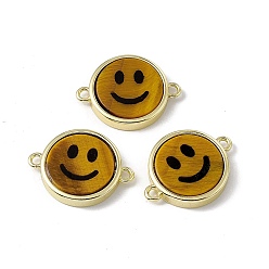 Tiger Eye Natural Tiger Eye Connector Charms, Flat Round with Smiling Face Links, with Rack Plating Golden Tone Brass Findings, Cadmium Free & Lead Free, 15.5x20x3mm, Hole: 1.6mm