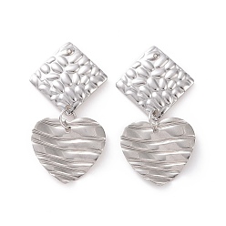 Stainless Steel Color Tarnish Resistant 304 Stainless Steel Heart with Rhombus Dangle Stud Earrings for Women, Stainless Steel Color, 35mm, Pin: 0.8mm