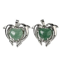 Зеленый Авантюрин Подвески в форме сердца из натурального зеленого авантюрина, латунные подвески в виде дельфинов, платина, без кадмия и без свинца, 29x32.5x8.5 мм, отверстие : 8x5 мм