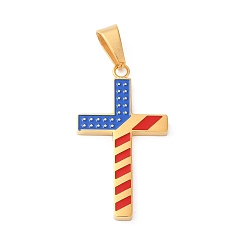 Golden Independence Day Vacuum Plating 304 Stainless Steel Enamel Pendants, Cross Charm, Golden, 37.5x20.5x2.5mm, Hole: 9x5.5mm