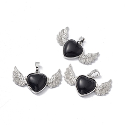 Obsidian Natural Obsidian Pendants, Heart Charms with Wing, with Platinum Tone Brass Findings, 22x37.5x7mm, Hole: 7.5x5mm