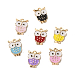 Mixed Color Rack Plating Alloy Enamel Pendants, Cadmium Free & Lead Free, Light Gold, Owl Charm, Mixed Color, 16x11.5x1.5mm, Hole: 1.6mm