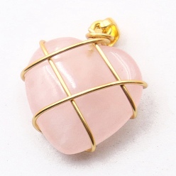 Rose Quartz Valentine's Day Natural Rose Quartz Copper Wire Wrapped Pendants, Heart Charms with Snap on Bails, Golden, 20mm