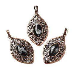 Снежный Обсидиан Естественно снежинка обсидиана подвески, латунные подвески в виде конского глаза, Красная медь, без свинца и без кадмия, 48x28x7.5 мм, отверстие : 8x5 мм