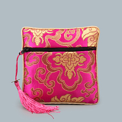 Deep Pink Chinese Style Square Cloth Zipper Pouches, with Random Color Tassels and Auspicious Clouds Pattern, Deep Pink, 12~13x12~13cm