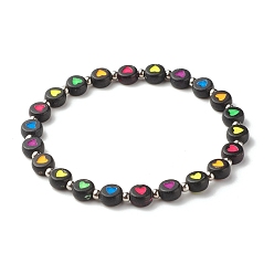 Noir Bracelet extensible rond plat avec perles coeur pour femme, couleur inox, noir, diamètre intérieur: 2-1/4 pouce (5.7 cm)