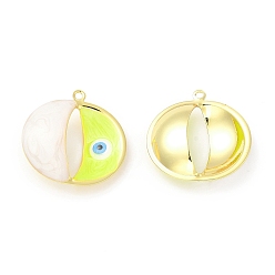 Yellow Brass Pendants, with Enamel, Real 18K Gold Plated, Long-Lasting Plated, Flat Round with Evil Eye Charm, Yellow, 25x25x8mm, Hole: 1.4mm