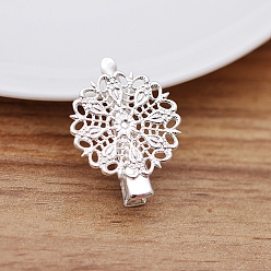 Серебро Желехная фурнитура заколки , с настройками передних панелей латуни филигрань цветок кабошон, серебряные, 35x25x9 мм