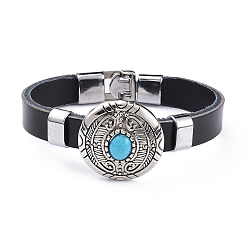 Black PU Leather Cord Bracelets, with Enamel and Synthetic Turquoise, Alloy Findings, Flat Round, Black, 8-1/4 inch(210mm), 11x2mm