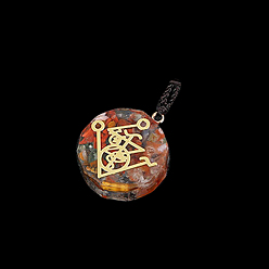 Symbol 7 Chakra Gemstone Resin Polygon Pendants, with Golden Tone Metal Slice, Symbol, 35x10mm