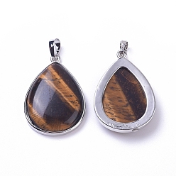 Tiger Eye Natural Tiger Eye Pendants, with Platinum Tone Brass Findings, Teardrop, 37.5x25.5x6.5~8mm, Hole: 8x5mm