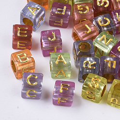 Mixed Color Transparent Plated Acrylic Beads, Horizontal Hole, Cube with Random Initial Letter, Mixed Color, 6x6x6mm, Hole: 3.5mm, about 3840pcs/500g