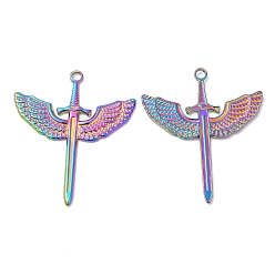 Rainbow Color 304 Stainless Steel Pendants, Sword with Wing Charm, Rainbow Color, 41.5x35.5x2mm, Hole: 3mm