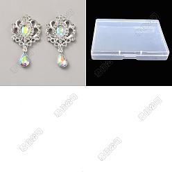 Clair AB Cabochons de strass en alliage de 16pcs, avec de l'acrylique, goutte d'eau avec fleur, clair ab, 59x31.5x5.5mm