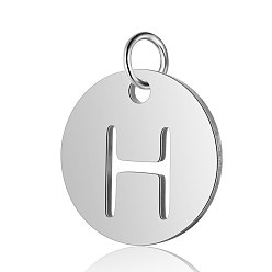Letter H 304 Stainless Steel Charms, Flat Round with Letter, Stainless Steel Color, Letter.H, 12x1mm, Hole: 2.5mm