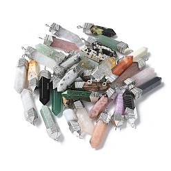 Смешанные камни Граненые подвески из натуральных смешанных камней, подвески в форме меча с латунной фурнитурой в стиле реечной гальванизации, платина, смешанные окрашенные и неокрашенные, 28~29x6~7x7.5~8 мм, отверстие : 1.5 мм