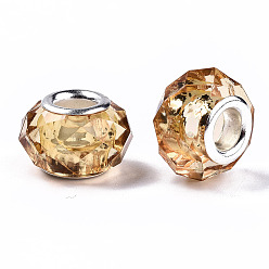 Goldenrod Transparent Resin European Beads, Imitation Crystal, Large Hole Beads, with Silver Tone Brass Double Cores, Faceted, Rondelle, Goldenrod, 14x9.5mm, Hole: 5mm