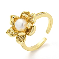 Real 14K Gold Plated Natural Pearl Lotus Open Cuff Ring with Rhinestone, Brass Finger Ring, Real 14K Gold Plated, Inner Diameter: 17.8mm