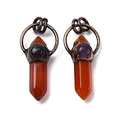 Красный Агат Подвески из натурального аметиста и сердолика (окрашенные и нагретые), подвески-пули с двумя концами в форме заостренных граней и латунными соединительными кольцами, без кадмия и без свинца, Красная медь, 37.5~38.5x19x12~13 мм, отверстие : 6 мм