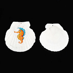 Sea Horse Printed Natural Freshwater Shell Big Pendants, Shell Charm, Orange, Sea Horse Pattern, 55~75x52~70x6~8mm, Hole: 1.4mm