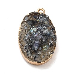 Black Resin Imitation Druzy Gemstone Pendants, Oval Charm, with Light Gold Tone Iron Findings and Paper Scrap Inside, Black, 27~28x17.5x9mm, Hole: 1.8mm