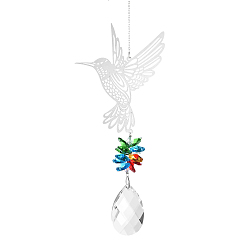 Bird Teardrop Glass Hanging Suncatcher Pendant Decoration, Crystal Ceiling Chandelier Ball Prism Pendants, with Stainless Steel Findings, Bird, 350x91mm, pendant: 50x34mm, bird: 100mm