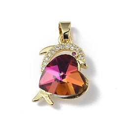 Medium Violet Red Real 18K Gold Plated Rack Plating Brass Micro Pave Clear Cubic Zirconia Pendants, with Glass, Long-Lasting Plated, Cadmium Free & Lead Free, Dolphin with Heart Charm, Medium Violet Red, 20.5x17x8mm, Hole: 5.5x3.5mm