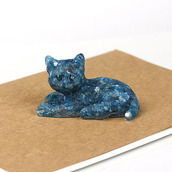 Natural Gemstone Natural Blue Opal Cat Display Decorations, Sequins Resin Figurine Home Decoration, for Home Feng Shui Ornament, 80x50x50mm