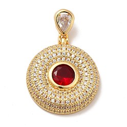 Red Brass Micro Pave Cubic Zirconia Pendants, Long-Lasting Plated, Real 18K Gold Plated, Flat Round, Red, 42.5mm, Hole: 8x4mm
