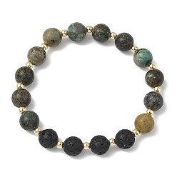 Смешанные камни Эластичные браслеты из натурального лавового камня и африканской бирюзы (яшмы) для женщин и мужчин., круглые, С немагнитным синтетическим гематитом, бусины : 9 мм, внутренний диаметр: 2.01 дюйм (5.1 см)