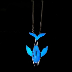 Dodger Blue Luminous Glow in the Dark Alloy Whale Pendant Necklaces, with Stainless Steel Curb Chain, Dodger Blue, 27.56 inch(70cm)