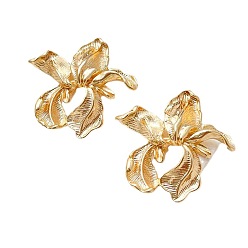 Golden Flower Brass Stud Earrings Finding, with Loops and 925 Sterling Silver Pins, Golden, 35x33mm