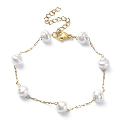 Light Gold ABS Plastic Imitation Pearl Beaded Chain Anklets, 304 Stainless Steel Jewelry for Women, Light Gold, 7-3/4 inch(19.8cm)