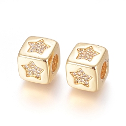 Golden Brass Micro Pave Cubic Zirconia European Beads, Large Hole Beads, Long-Lasting Plated, Cube with Star Pattern, Clear, Golden, 9x9x9.5mm, Hole: 4.5mm