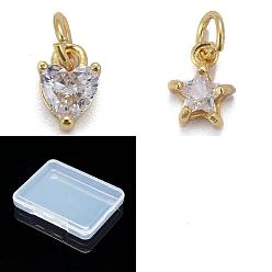 Clear 12Pcs 2 Styles Brass Micro Pave Cubic Zirconia Charms, Real 18K Gold Plated, Clear, 8~8.5x5~7x3.5~4mm, Hole: 3mm, 6pcs/style