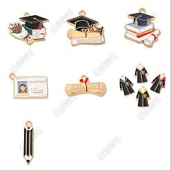 Mixed Shapes 14Pcs 7 Styles Graduation Season Alloy Enamel Pendants, School Uniform & Student Card & Bachelor Cap & Book & Pencil, Mixed Color, 14~30x6~30x1~2mm, Hole: 1.8~2mm, 2pcs/style