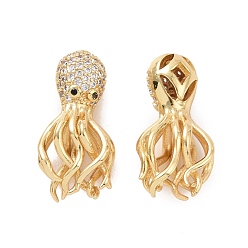 Real 18K Gold Plated Eco-friendly Rack Plating Brass Micro Pave Cubic Zirconia Beads, Cadmium Free & Lead Free, Long-Lasting Plated, Octopus, Real 18K Gold Plated, 24.5x12x8mm, Hole: 1.2mm