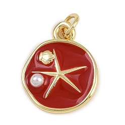 Красный Латунь эмаль подвески, плоские круглые с морскими звездами, с абс пластмассовой имитационной жемчужиной, без кадмия и без свинца, реальный 18 k позолоченный, с целью перехода в кольце, красные, 17.5x14x4 мм, отверстие : 3 мм