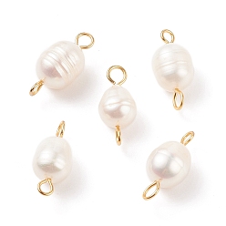 Golden Natural Cultured Freshwater Pearl Beads Connector Charms, with 304 Stainless Steel Double Loops, White, Oval, Golden, 18~18.5x8~9mm, Hole: 2~3mm