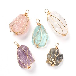 Mixed Stone Natural & Synthetic Gemstone Pendants, with Real 18K Gold Plated Eco-Friendly Copper Wire, Nuggets, 36~50x23~25x15~21mm, Hole: 4.5mm