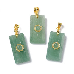 Зеленый Авантюрин Граненые подвески из натурального зеленого авантюрина, Прямоугольный элемент с подвесками в виде солнца, с латунной фурнитурой золотистого оттенка и декоративными элементами в виде ламелей., 25x13x7 мм, отверстие : 5x3.5 мм